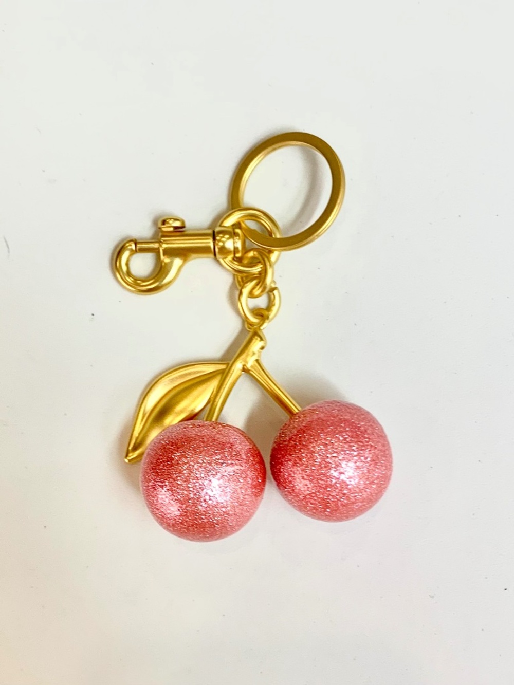 3D Pink Glitter Resin Cherries Gold Leaves Keychain Bag Charm Designer Inspired
